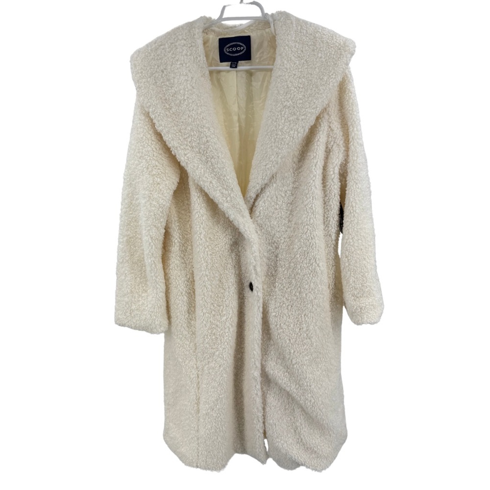 Scoop NYC Women's Cozy Cream Teddy coat Sherpa mid calf L new shawl collar